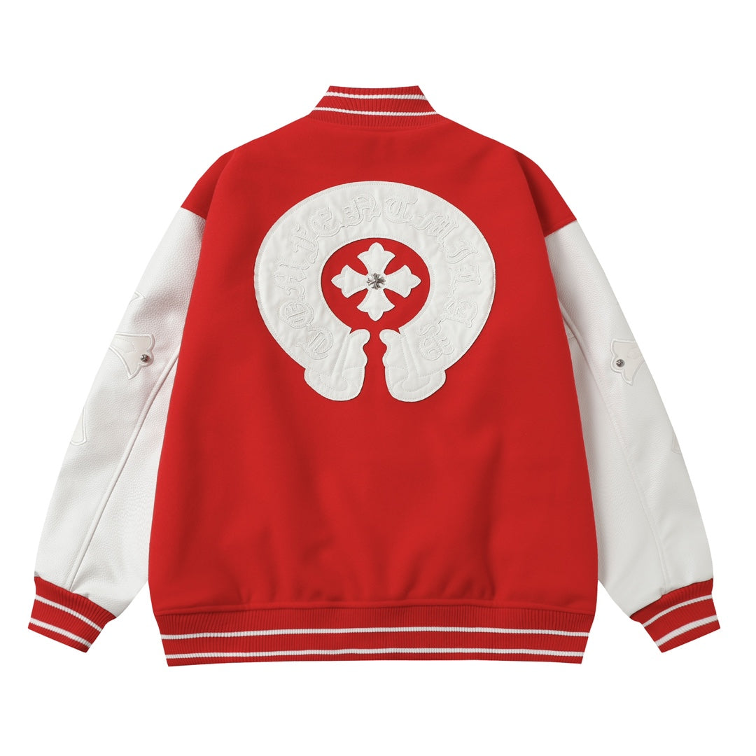 Chrome Hearts Red Cross Varsity Jacket - White Sleeve Gothic Street Baseball Coat D68